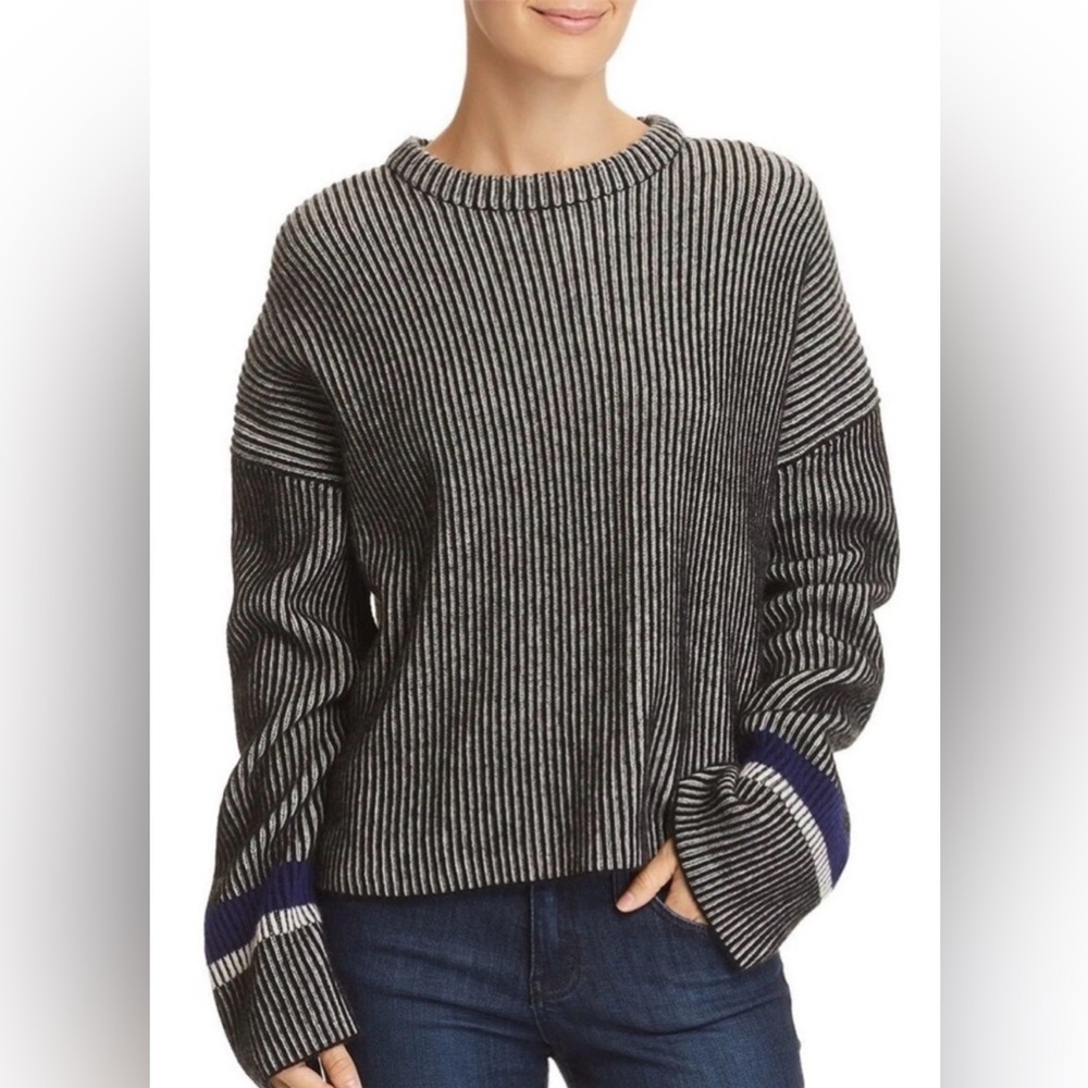 Theory Black and White Striped 100% Cashmere Crewneck Sweater